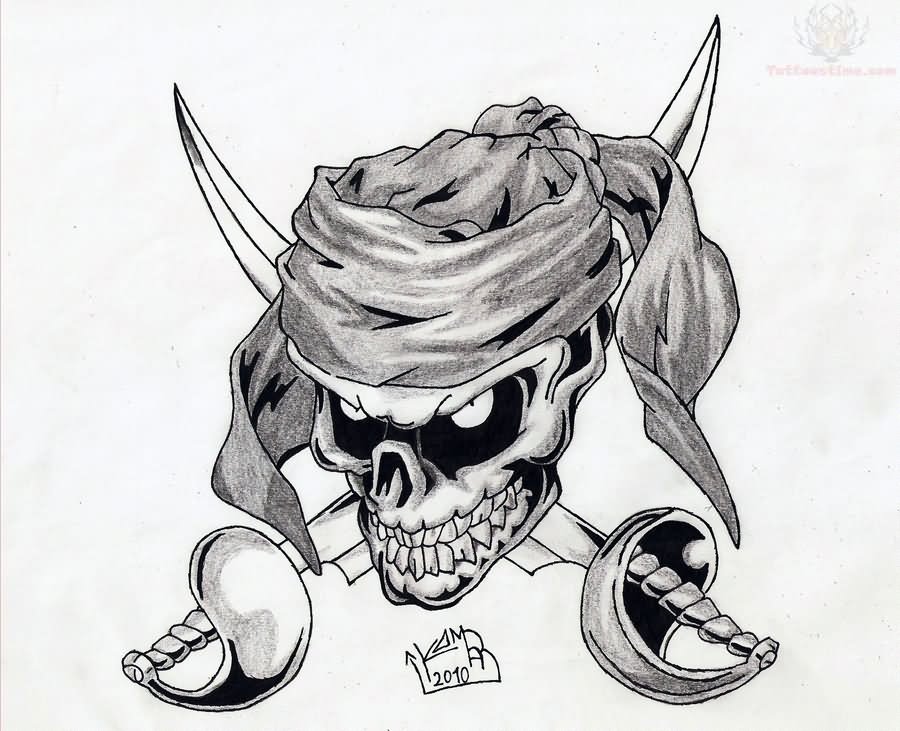 Two Crossing Sword With Pirate Skull Tattoo Design