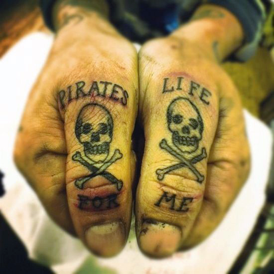 Two Pirate Skull With Crossbone Tattoo On Both Thumb