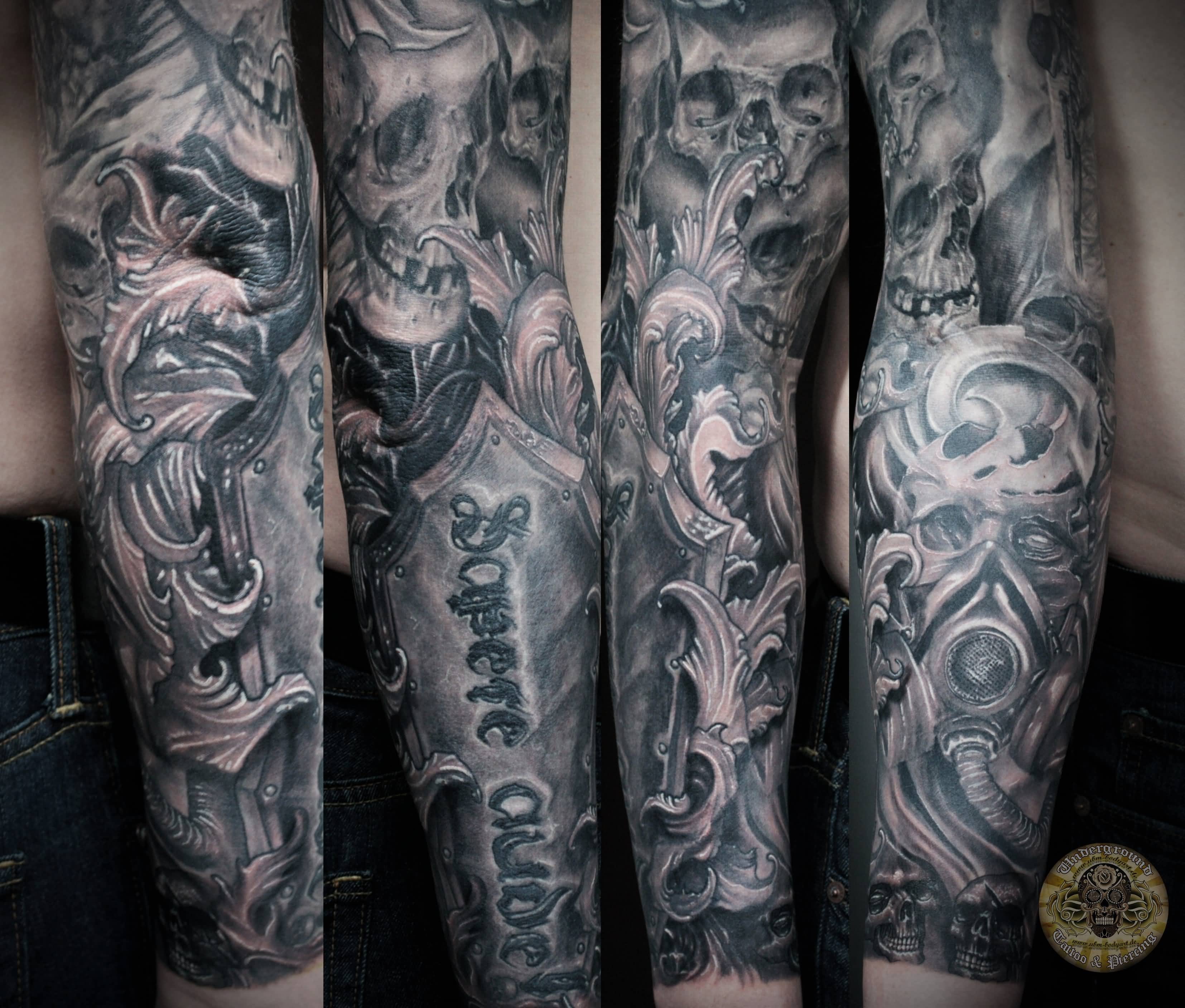 Unique Black And Grey Pirate Skull Tattoo Design For Full Sleeve By 2Face