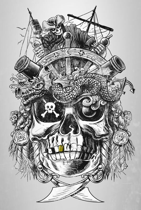 Unique Black And Grey Pirate Skull Tattoo Design