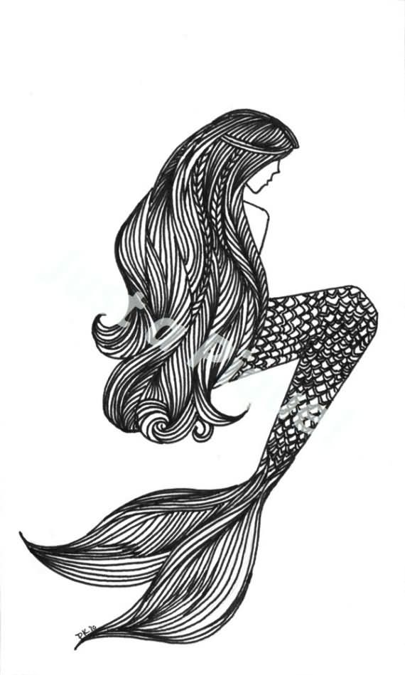 Unique Black Ink Mermaid Tattoo Design