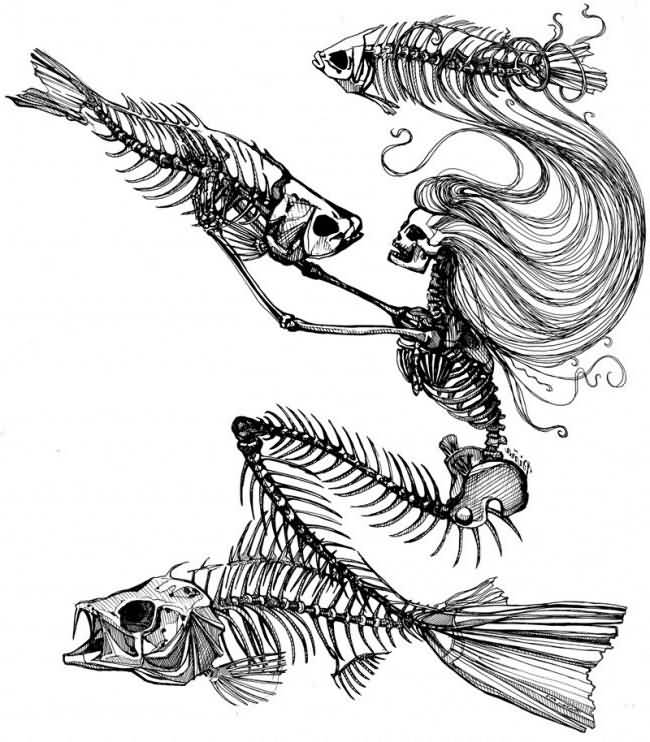 Unique Black Ink Mermaid With Fishes Skeleton Tattoo Design
