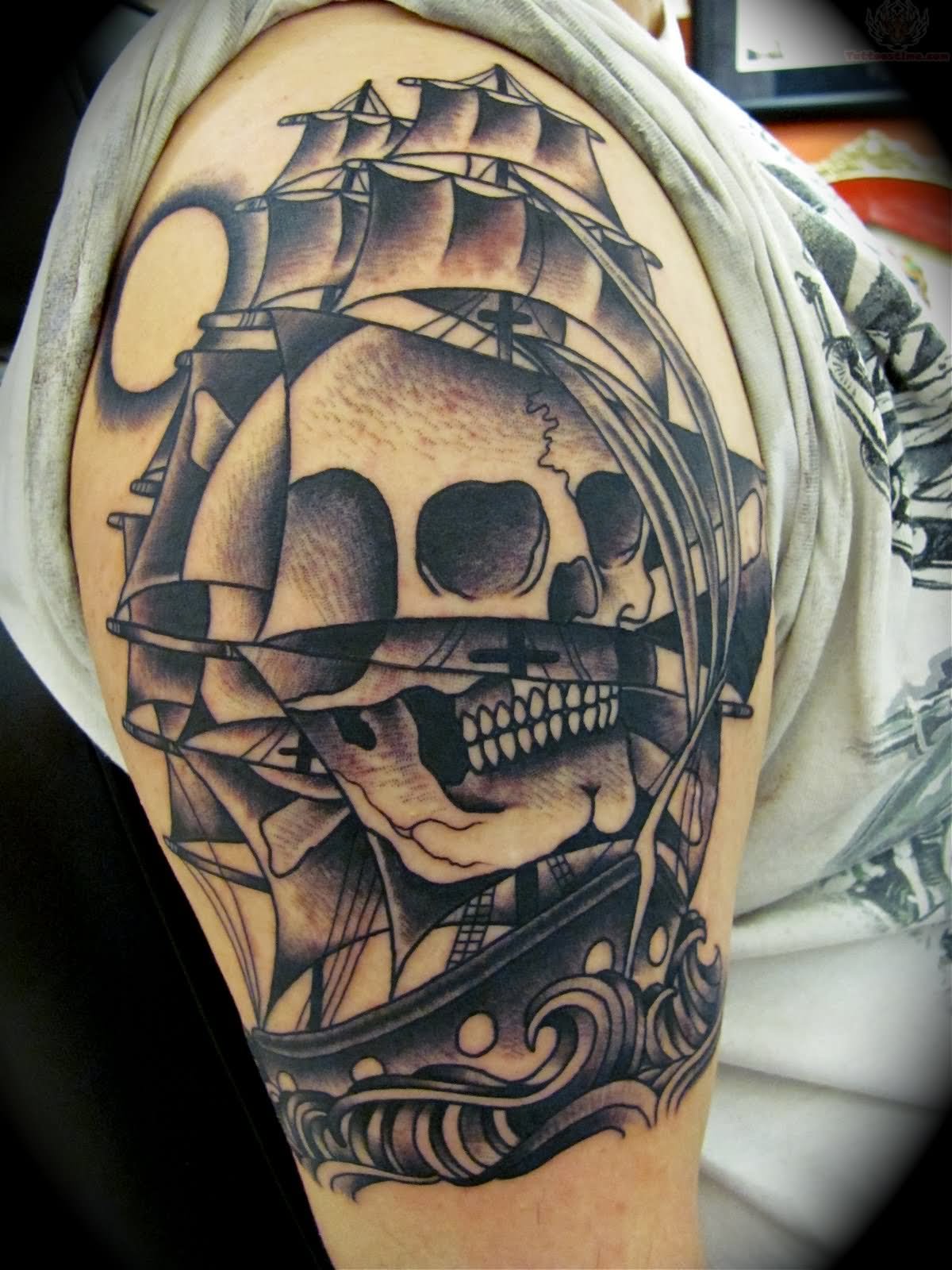 Unique Black Ink Pirate Skull Ship Tattoo On Right Half Sleeve