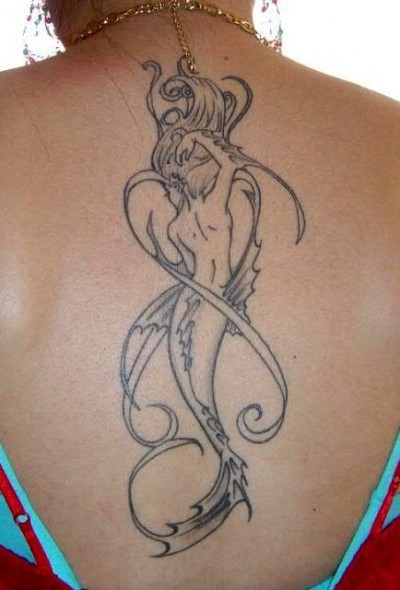 Unique Black Outline Mermaid Tattoo On Girl Upper Back