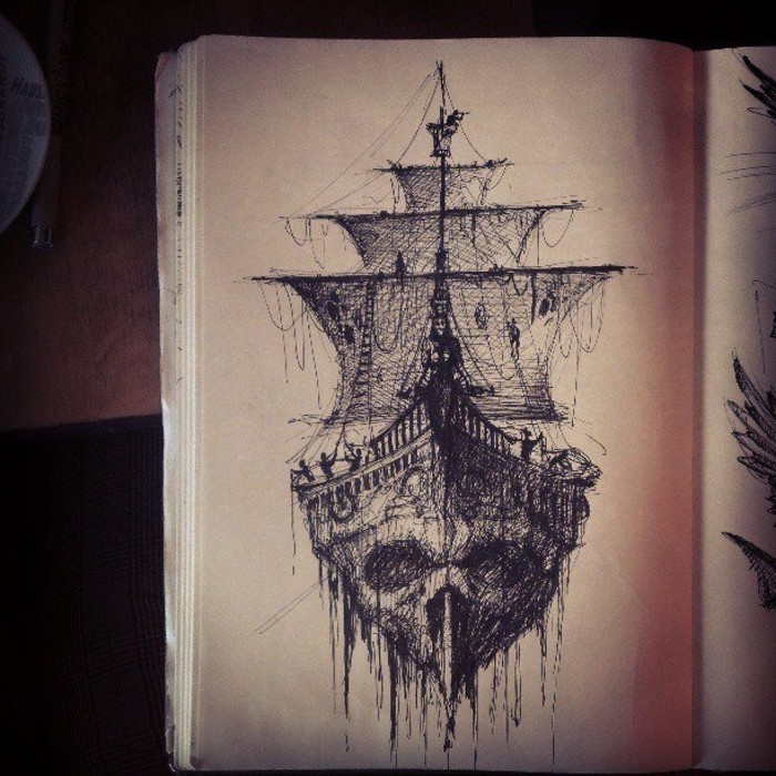 Unique Black Pirate Ship Tattoo Design