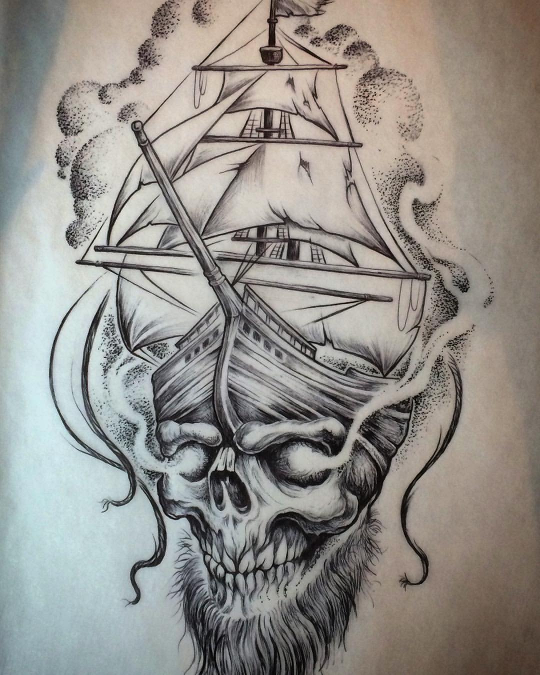 Unique Dotwork Ship On Pirate Skull Head Tattoo Design