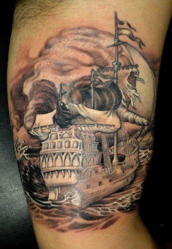 Unique Grey Ink Ghost Pirate Ship Tattoo Design For Half Sleeve