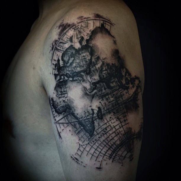 Unique Pirate Map Tattoo On Man Left Shoulder