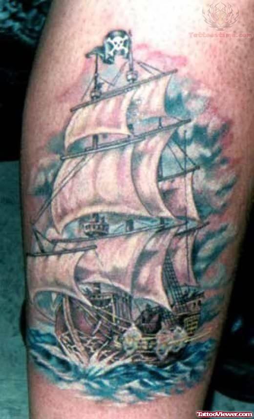 Unique Pirate Ship Tattoo Design For Sleeve