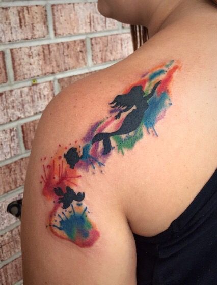 Watercolor Little Mermaid Tattoo On Girl Left Back Shoulder