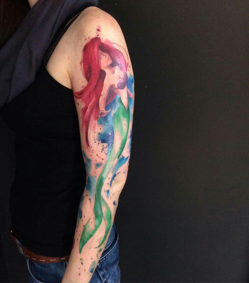 Watercolor Little Mermaid Tattoo On Man Left Full Sleeve