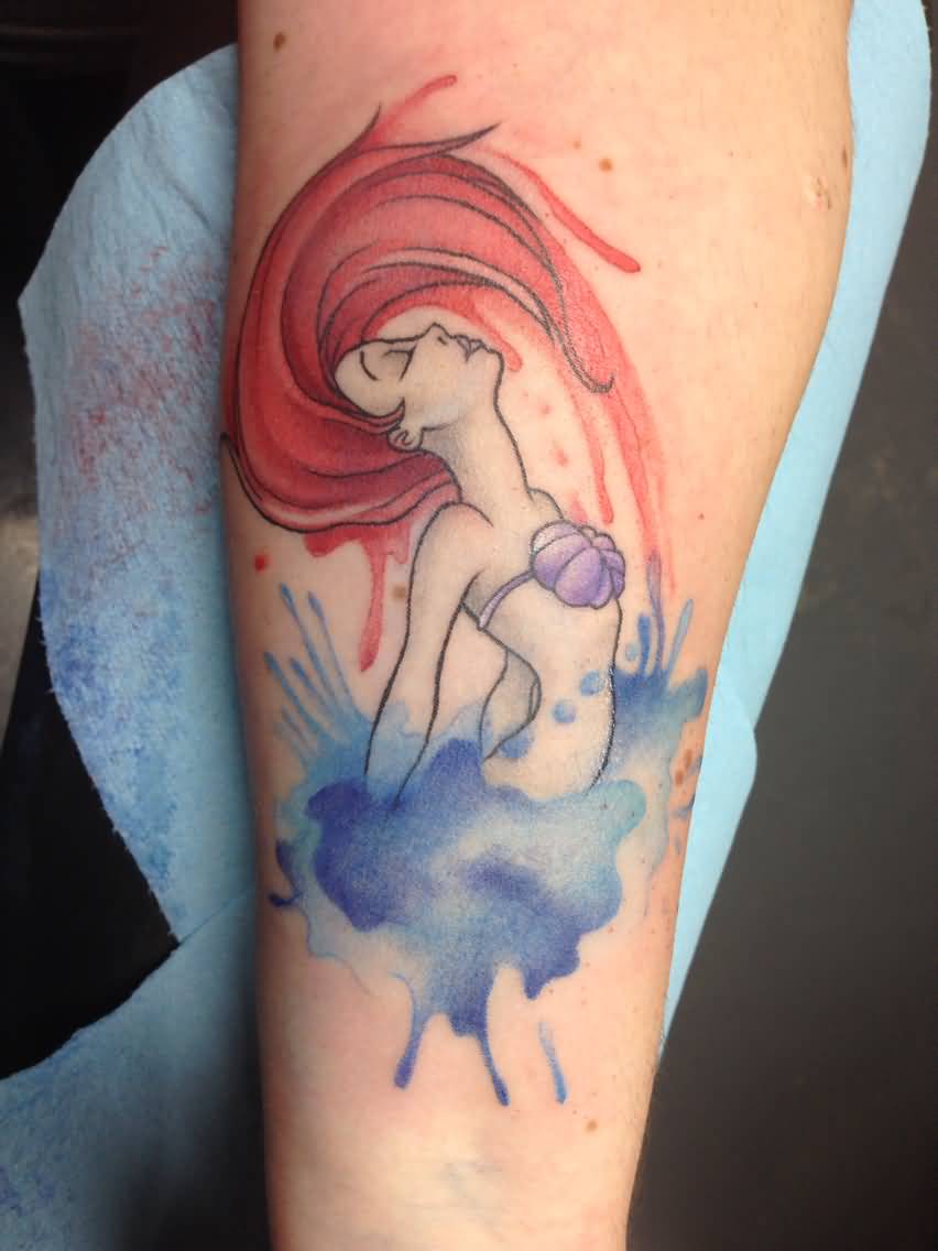 Watercolor Little Mermaid Tattoo On Right Forearm