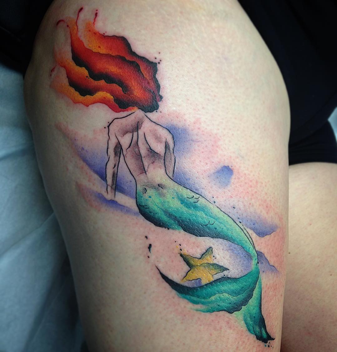 Watercolor Little Mermaid Tattoo On Right Thigh