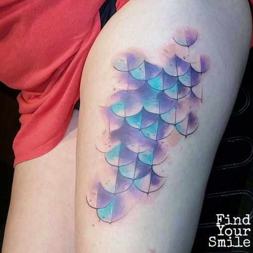 Watercolor Mermaid Scale Tattoo On Left Thigh