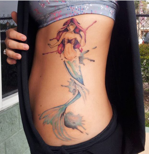 Watercolor Mermaid Tattoo On Girl Left Side Rib