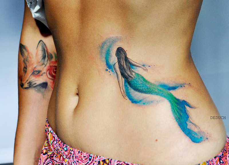 Watercolor Mermaid Tattoo On Girl Stomach