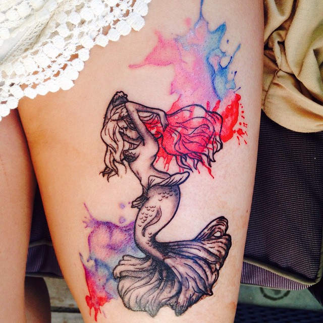 Watercolor Mermaid Tattoo On Girl Thigh