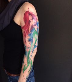 Watercolor Mermaid Tattoo On Left Half Sleeve