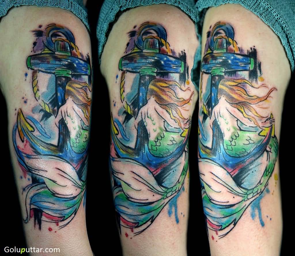 Watercolor Mermaid With Anchor Tattoo On Right Half Sleeve