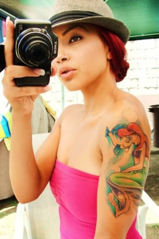 Watercolor Mermaid With Ship Tattoo On Girl Left Half Sleeve