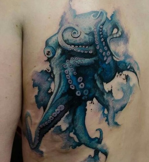 Watercolor Octopus Tattoo On Left Back Shoulder