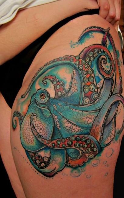 Watercolor Octopus Tattoo On Left Hip By Daniel Meyer