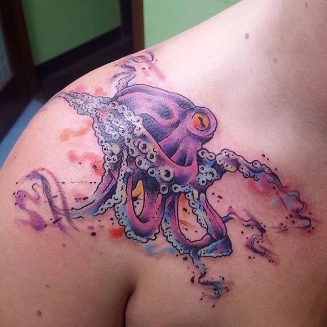 Watercolor Octopus Tattoo On Man Right Front Shoulder