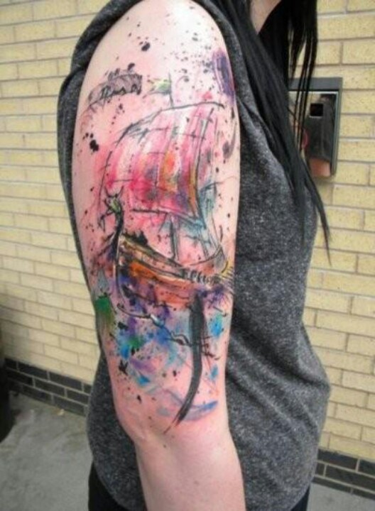 Watercolor Pirate Ship Tattoo On Right Half Sleeve