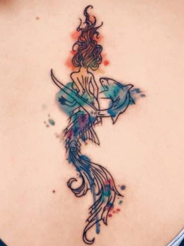 Watercolor Swimming Mermaid With Shark Tattoo On Lower Back