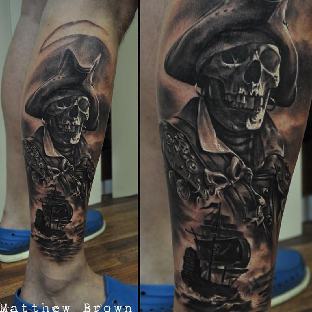 Wonderful Black And Grey Pirate Skeleton With Ship Tattoo On Right Leg