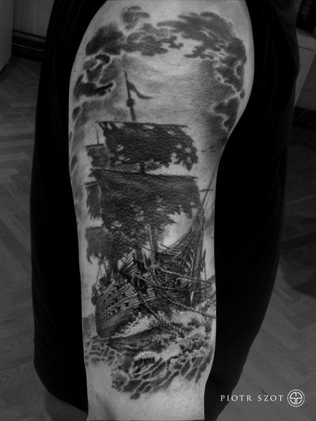 Wonderful Black Ink Ghost Pirate Ship Tattoo On Man Right Half Sleeve
