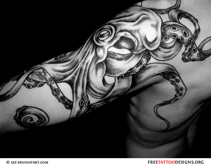 Wonderful Black Ink Octopus Tattoo On Man Left Half Sleeve