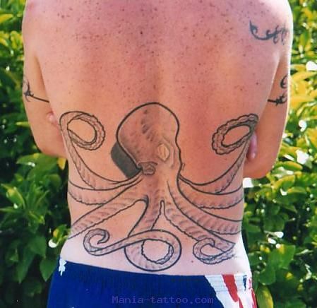 Wonderful Black Ink Octopus Tattoo On Upper Back