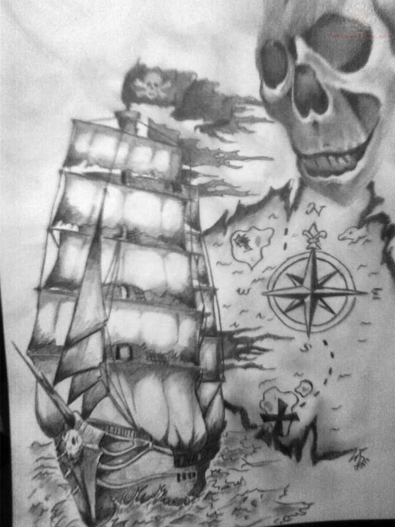 Wonderful Black Ink Pirate Ship Tattoo Design