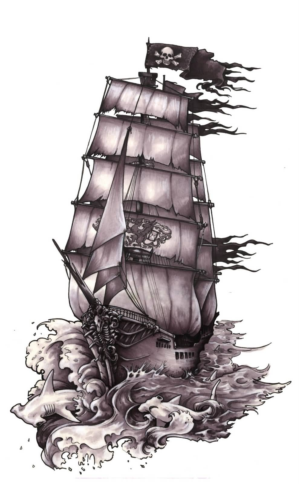 Wonderful Black Ink Pirate Ship With Hammerhead Shark Tattoo Design By JessiGraden