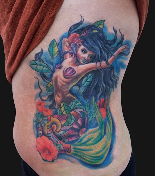 Wonderful Colorful Mermaid Tattoo On Left Side Rib