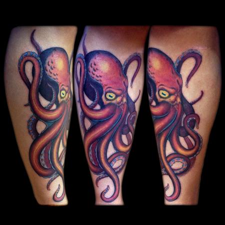 Wonderful Colorful Octopus Tattoo Design For Leg Calf