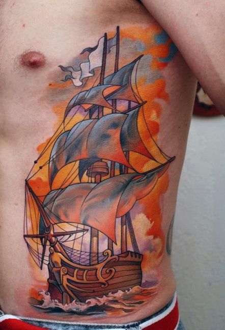 Wonderful Colorful Pirate Ship Tattoo On Man Left Side Rib