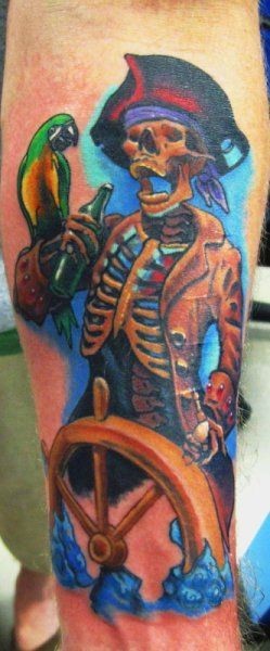 Wonderful Colorful Pirate Skeleton With Parrot Tattoo On Forearm