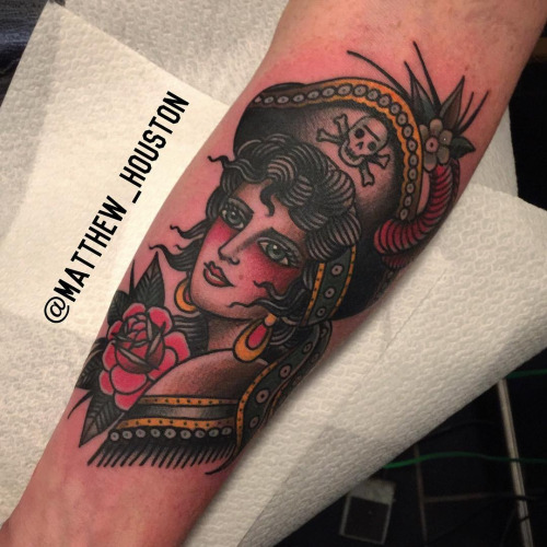 Wonderful Colorful Traditional Pirate Girl Tattoo On Forearm