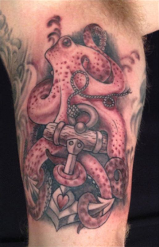 Wonderful Octopus With Anchor Tattoo Design For Bicep