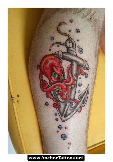 Wonderful Octopus With Anchor Tattoo Design For Leg Calf