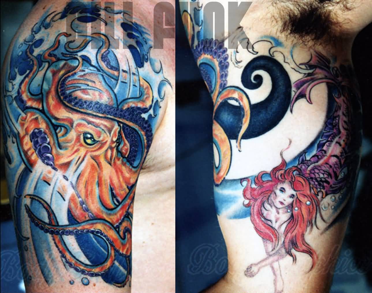 Wonderful Octopus With Mermaid Tattoo On Man Right Half Sleeve