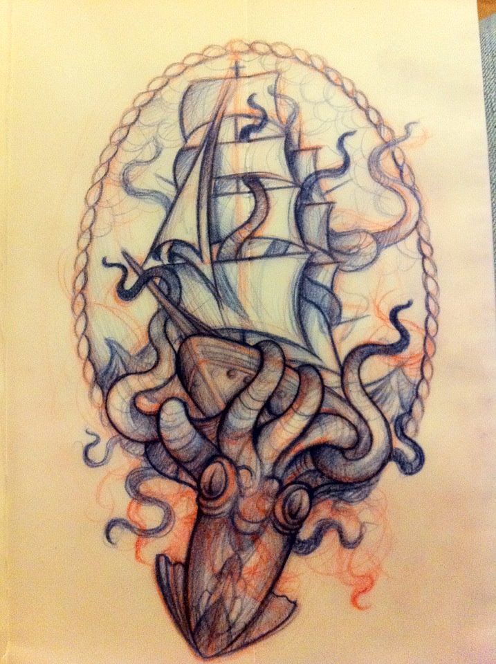 Wonderful Octopus With Ship Tattoo Design