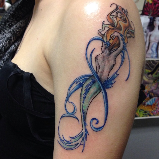 Wonderful Pin Up Mermaid Tattoo On Girl Left Shoulder