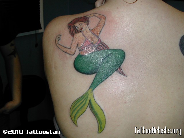 Wonderful Pin Up Mermaid Tattoo On Left Back Shoulder