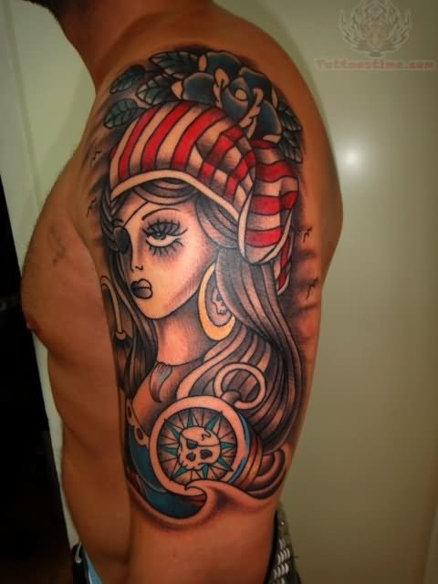 Wonderful Pirate Girl Tattoo On Man Left Half Sleeve