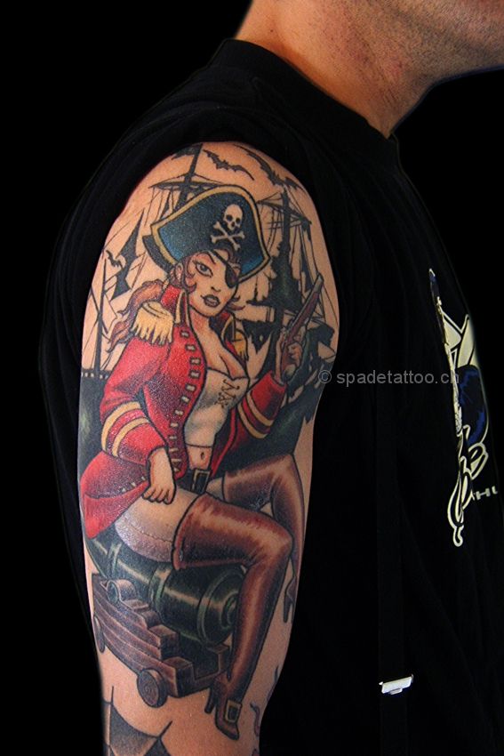 Wonderful Pirate Girl Tattoo On Man Right Half Sleeve