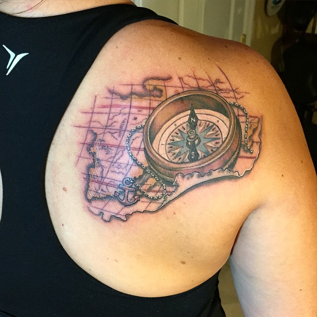 Wonderful Pirate Map With Compass Tattoo On Man Right Back Shoulder