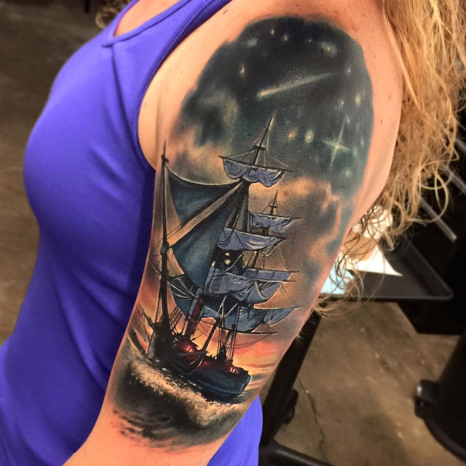 Wonderful Pirate Ship Tattoo On Girl Left Half Sleeve